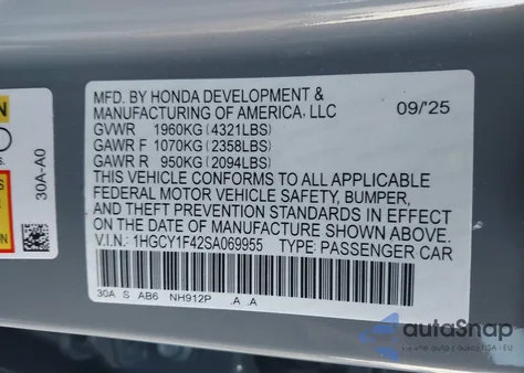 2025 Honda Accord Se z USA, uszkodzony, nr VIN 1HGCY1F42SA069955
